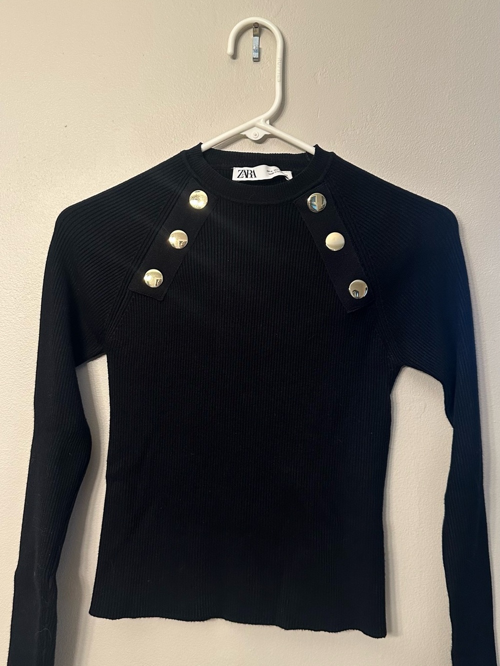 Zara Black Ribbed Long Sleeve Top with Gold Snap Accents